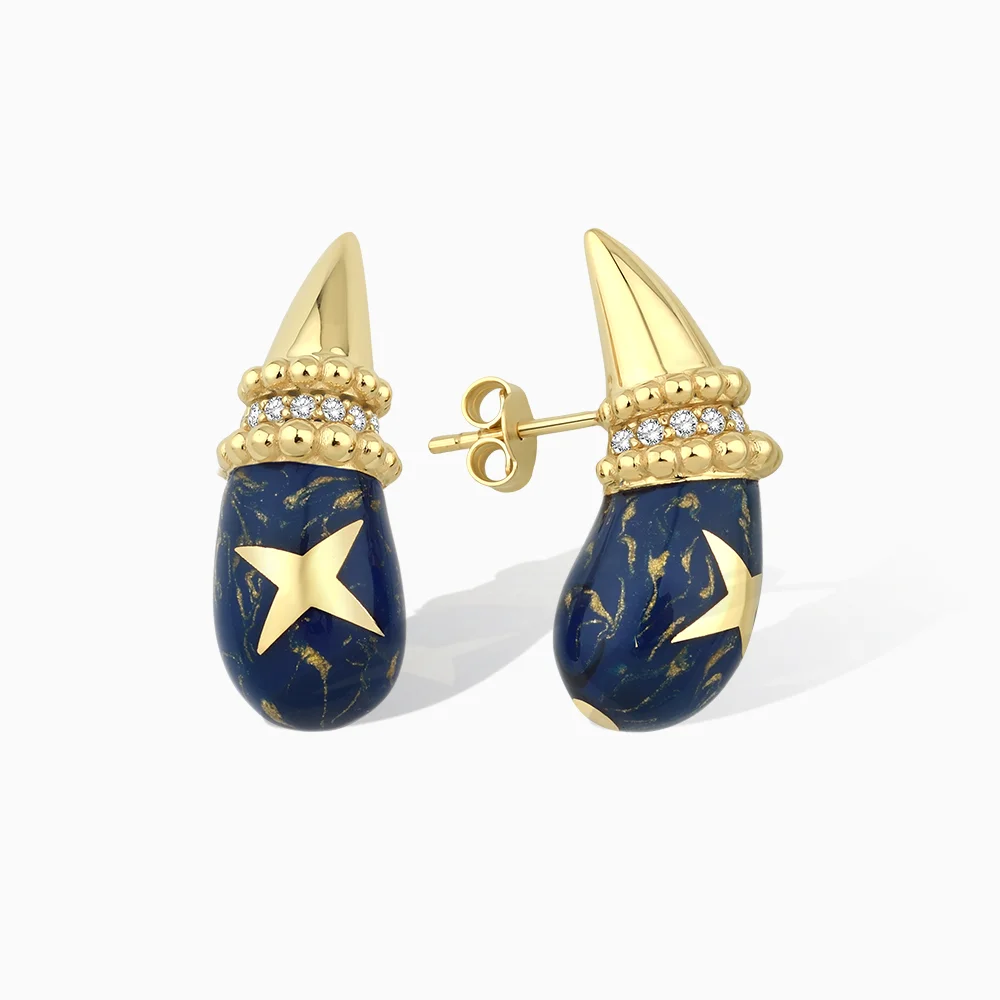 Merelis Mavi Mineli Altın Küpe