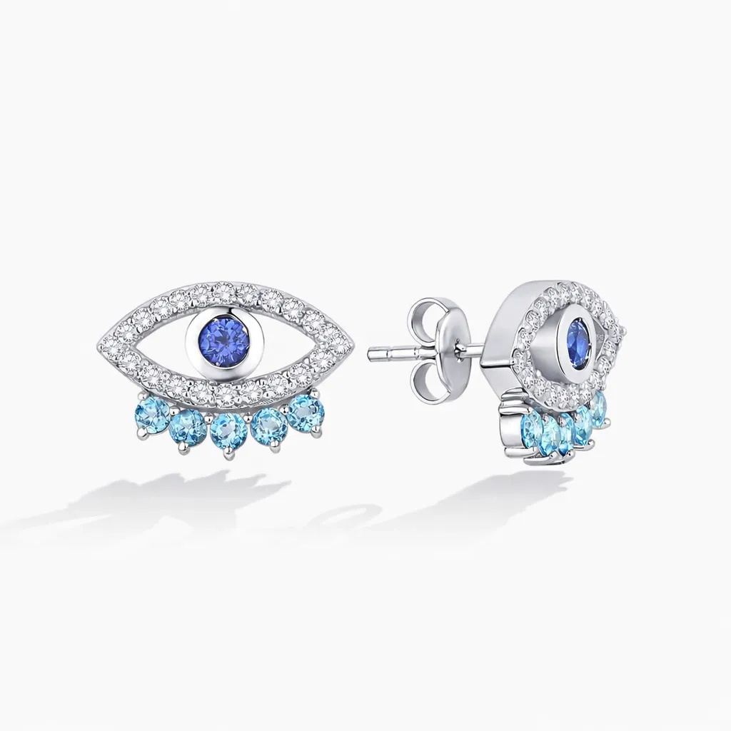 1.34 Karat Pırlanta Gaze Blue Topaz Göz Küpe